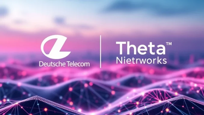 Deutsche Telekom and Theta Network logos merging, symbolizing their strategic validator node partnership for decentralized video.