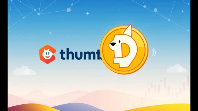 An illustration showing the Thumzup logo with the Dogecoin logo, representing the integration of **DOGE rewards** for social media users.