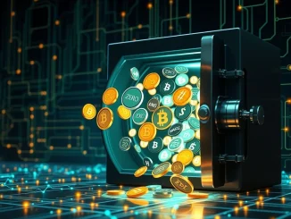 Digital tokens, including ZRO, flowing from an open vault, symbolizing significant token unlocks and their potential impact on the crypto market.