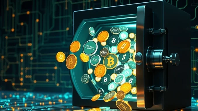 Digital tokens, including ZRO, flowing from an open vault, symbolizing significant token unlocks and their potential impact on the crypto market.