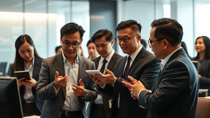 Asian **retail investors** actively discussing growth in **tokenized funds** within a modern financial setting.