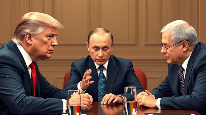 President Trump, Putin, and Zelenskyy engaged in trilateral talks, symbolizing ongoing diplomatic efforts for peace.