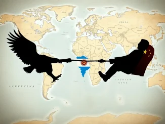 Depiction of geopolitical tensions between the US and China over Argentina, highlighting Trump's crucial warning regarding military cooperation.