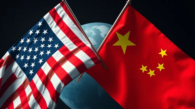 An urgent visual representing the US China tech restrictions, showing intertwined flags and circuit boards, symbolizing potential export controls on US software affecting global supply chains.