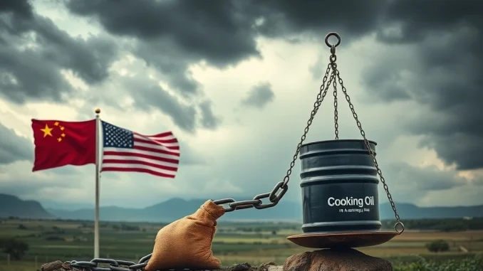 A symbolic depiction of the potential US China trade war, highlighting the impact on cooking oil and soybean farmers.