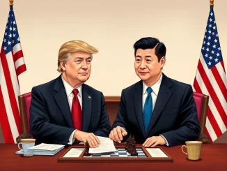 President Trump and President Xi Jinping engage in diplomatic discussions over Trump China trade, symbolizing potential negotiation and de-escalation.