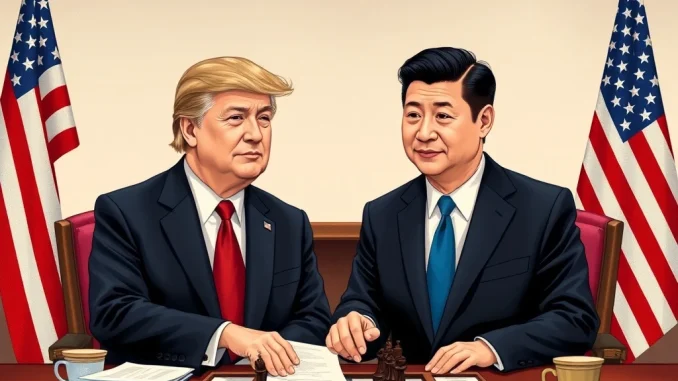 President Trump and President Xi Jinping engage in diplomatic discussions over Trump China trade, symbolizing potential negotiation and de-escalation.