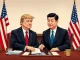 President Trump and President Xi Jinping engage in diplomatic discussions over Trump China trade, symbolizing potential negotiation and de-escalation.