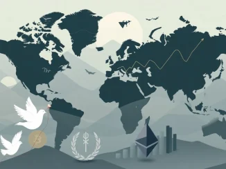 Abstract visualization of global markets and geopolitical stability crypto impact, featuring peace symbols and digital currency icons.