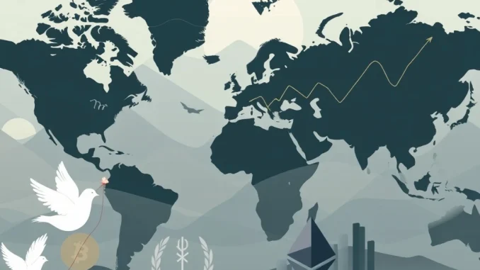 Abstract visualization of global markets and geopolitical stability crypto impact, featuring peace symbols and digital currency icons.