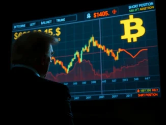 A shadowy figure representing a **Trump insider crypto** trader executes a massive **BTC short position** on a digital trading interface, symbolizing high-stakes market manipulation.