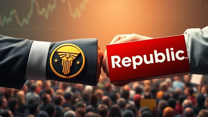 Conceptual image of a strategic business acquisition involving a Trump memecoin issuer and Republic.com, symbolizing ongoing negotiations.