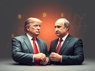 Visualizing the potential cryptocurrency market impact of a Trump Putin conversation, symbolizing geopolitical stability.