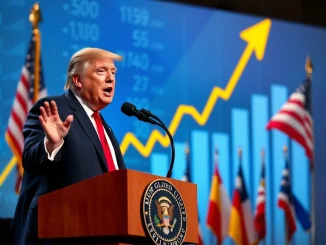 President Trump discussing the positive impact of Trump tariffs on the surging stock market, conveying economic strength and market growth.
