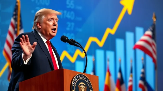Trump Tariffs Unleashing Remarkable Stock Market Growth President Trump discussing the positive impact of Trump tariffs on the surging stock market, conveying economic strength and market growth.