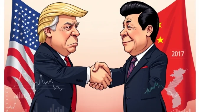 Trump Xi Meeting: Crucial Summit Faces Looming Tariff Threats Illustrative image depicting President Trump and Chairman Xi Jinping during a crucial Trump Xi meeting, symbolizing high-stakes trade negotiations.