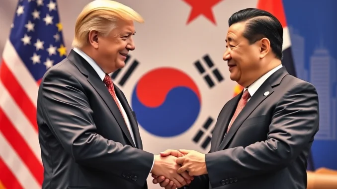 US and China leaders shaking hands at a summit, symbolizing critical US-China trade talks and diplomatic efforts in South Korea.