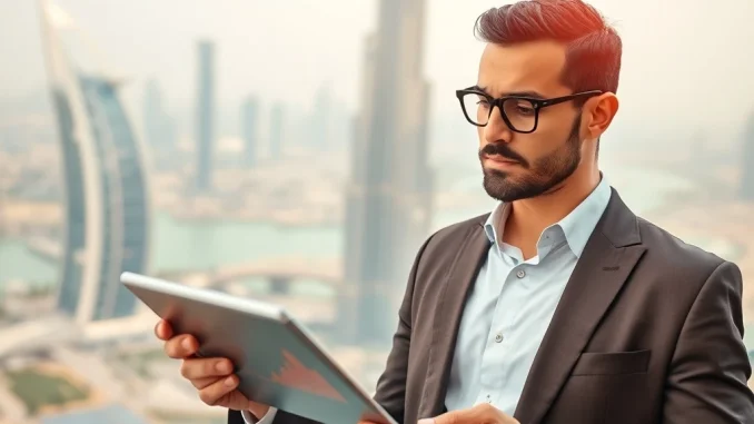A wealthy investor in Dubai reviewing UAE crypto adoption trends on a tablet, symbolizing the region's digital asset growth.
