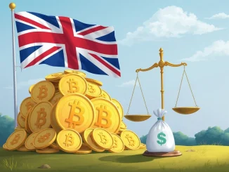 Scales of justice balancing seized Bitcoin and money, representing victim compensation in the UK Bitcoin fraud case.