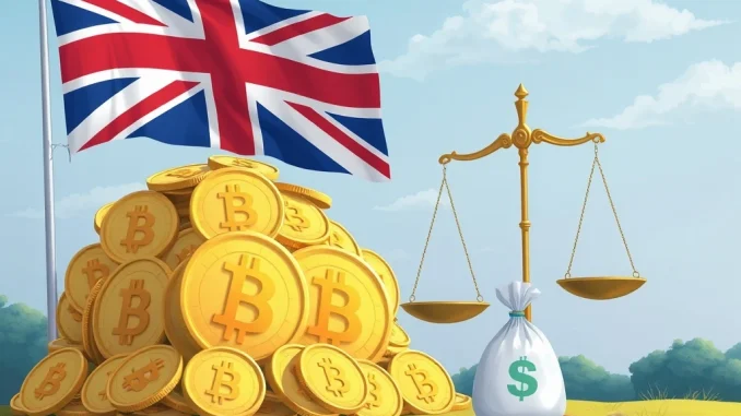 Scales of justice balancing seized Bitcoin and money, representing victim compensation in the UK Bitcoin fraud case.
