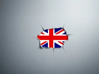 A partially open gate adorned with a Union Jack, revealing subtle crypto symbols, symbolizing the UK crypto ETN ban lift with limited market impact.