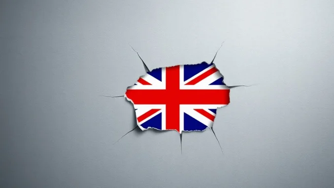 A partially open gate adorned with a Union Jack, revealing subtle crypto symbols, symbolizing the UK crypto ETN ban lift with limited market impact.