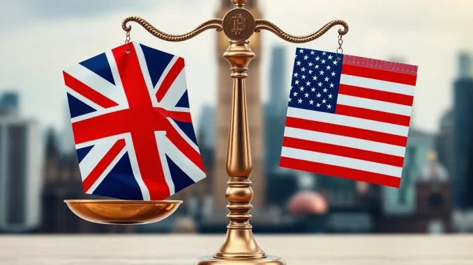 A digital scale illustrating **UK crypto regulations** lagging behind the US, showing a competitive disadvantage for the nation's digital asset sector.