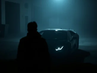 An investigation scene around a luxury Lamborghini, conveying the mysterious death of a prominent Ukrainian crypto blogger.