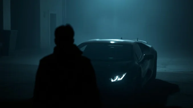 An investigation scene around a luxury Lamborghini, conveying the mysterious death of a prominent Ukrainian crypto blogger.