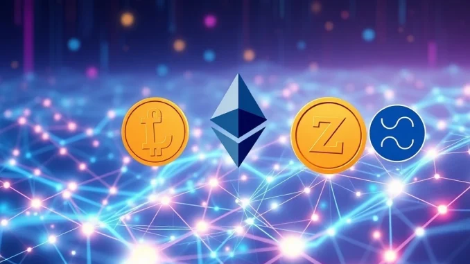 Unichain network visually integrating Dogecoin, XRP, and Zcash symbols, illustrating its new Ethereum Layer 2 support for broader crypto utility.