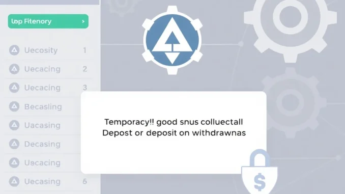 Upbit exchange interface displaying a crucial notification about the temporary AKT deposits and withdrawals suspension for a network upgrade.
