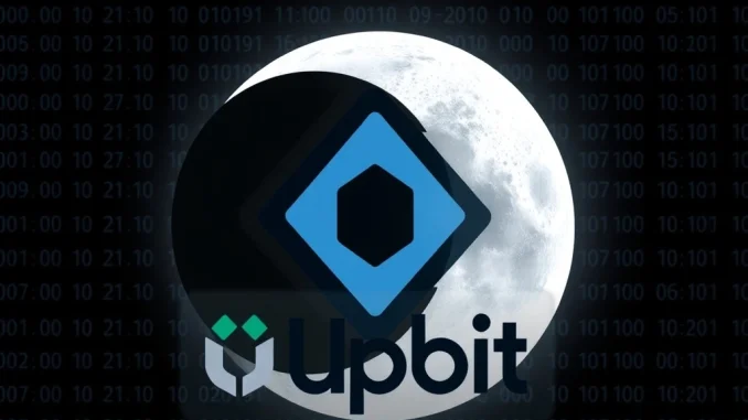 Upbit GLMR suspension announcement with Moonbeam logo and network upgrade symbols, signaling a temporary halt for traders.
