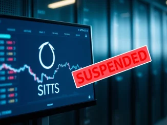 A digital screen showing a 'Suspension' notice for IOTA deposits and withdrawals on Upbit, highlighting the Upbit IOTA suspension for a network upgrade.