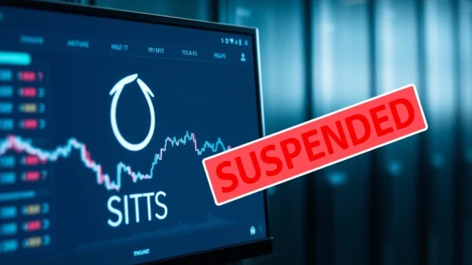 A digital screen showing a 'Suspension' notice for IOTA deposits and withdrawals on Upbit, highlighting the Upbit IOTA suspension for a network upgrade.