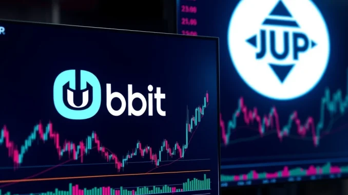 Digital interface showing Upbit and Jupiter (JUP) logos, symbolizing the crucial circulating supply update.