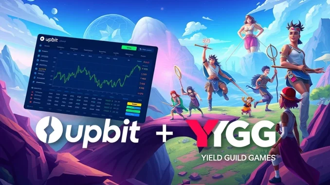 A digital representation of the Upbit exchange logo alongside the Yield Guild Games (YGG) logo, symbolizing the YGG listing and its impact on crypto gaming.