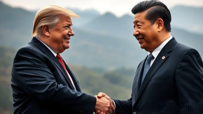 Depicts US-China relations, showing leaders engaging in dialogue, symbolizing their impact on global economic stability and cryptocurrency markets.