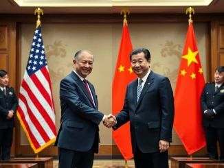 Diplomats shaking hands under US and China flags, symbolizing **US-China relations** and hopeful preparations for a crucial summit.