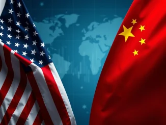 Depiction of US-China flags representing diplomatic talks, hinting at the global economic impact of the US-China summit on markets.