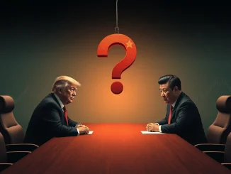 An illustration showing Donald Trump and Xi Jinping discussing the US-China trade deal, highlighting global economic uncertainty.