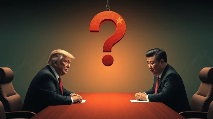 An illustration showing Donald Trump and Xi Jinping discussing the US-China trade deal, highlighting global economic uncertainty.
