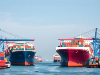 Container ships at a bustling port symbolize US China trade cooperation and reduced port fees, fostering global economic stability.