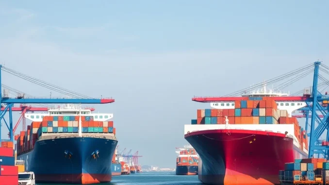 Container ships at a bustling port symbolize US China trade cooperation and reduced port fees, fostering global economic stability.