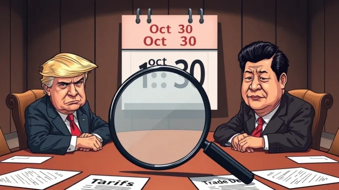 US-China Trade Talks: Crucial Trump-Xi Meeting Sparks Market Uncertainty Illustration depicting Trump and Xi facing each other across a table, symbolizing the crucial US-China Trade Talks and impending tariff decisions.