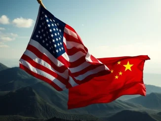 A symbolic image depicting the US-China trade war, showing two national flags clashing, representing the ongoing economic conflict and trade tensions.