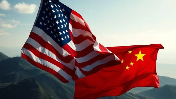 A symbolic image depicting the US-China trade war, showing two national flags clashing, representing the ongoing economic conflict and trade tensions.