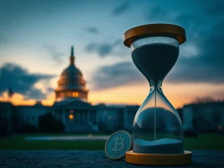 Hourglass and US Capitol, symbolizing the potential delay of the crucial US crypto bill and ongoing crypto regulation challenges.