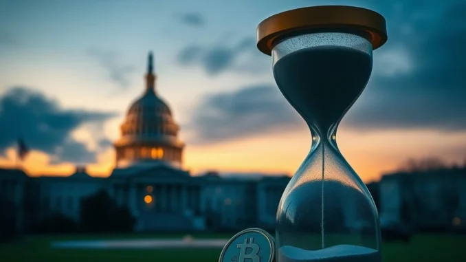 Hourglass and US Capitol, symbolizing the potential delay of the crucial US crypto bill and ongoing crypto regulation challenges.
