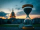 Hourglass and US Capitol, symbolizing the potential delay of the crucial US crypto bill and ongoing crypto regulation challenges.