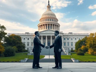 Depicts a US Capitol building with crypto symbols, symbolizing progress on the US crypto market structure bill.